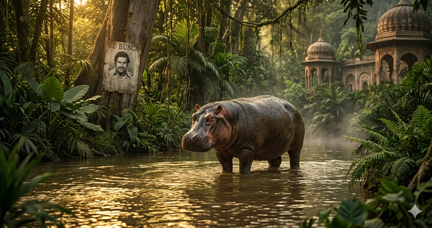 Photorealistic wide format 1200x630px. Giant hippopotamus standing in Colombian river surrounded by lush tropical jungle, Pablo Escobar wanted poster faded in background, Indian palace architecture subtly visible on right side, dramatic golden light reflecting on water, emotional wildlife photography atmosphere, conservation message feeling, cinematic ultra HD. No text in image.